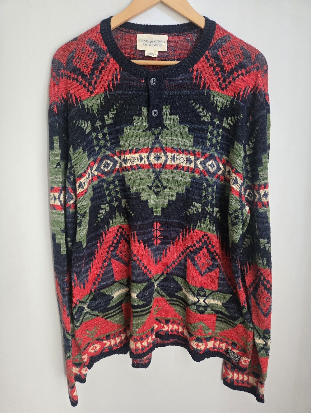 Vintage DENIM & SUPPLY RALPH LAUREN Red, Blue & Green Henley Cotton Knit Sweater